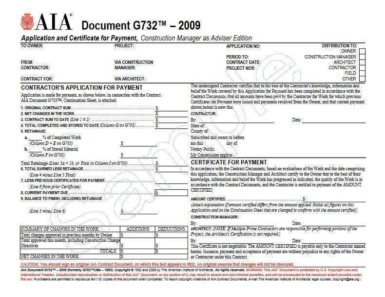 G732 2009 Formerly G702CMa 1992 Application And Certificate For Payment