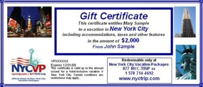 Gift Certificates For NYC Travel Packages Vacation Certificate Template Free