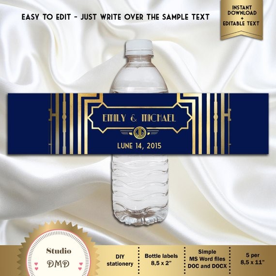 Great Gatsby Art Deco Water Bottle Labels Navy Blue And Gold Etsy How To Create In Word
