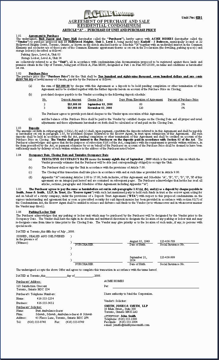 H O M E S Sample Document Purchase Agreement Condo First Page Lease Template