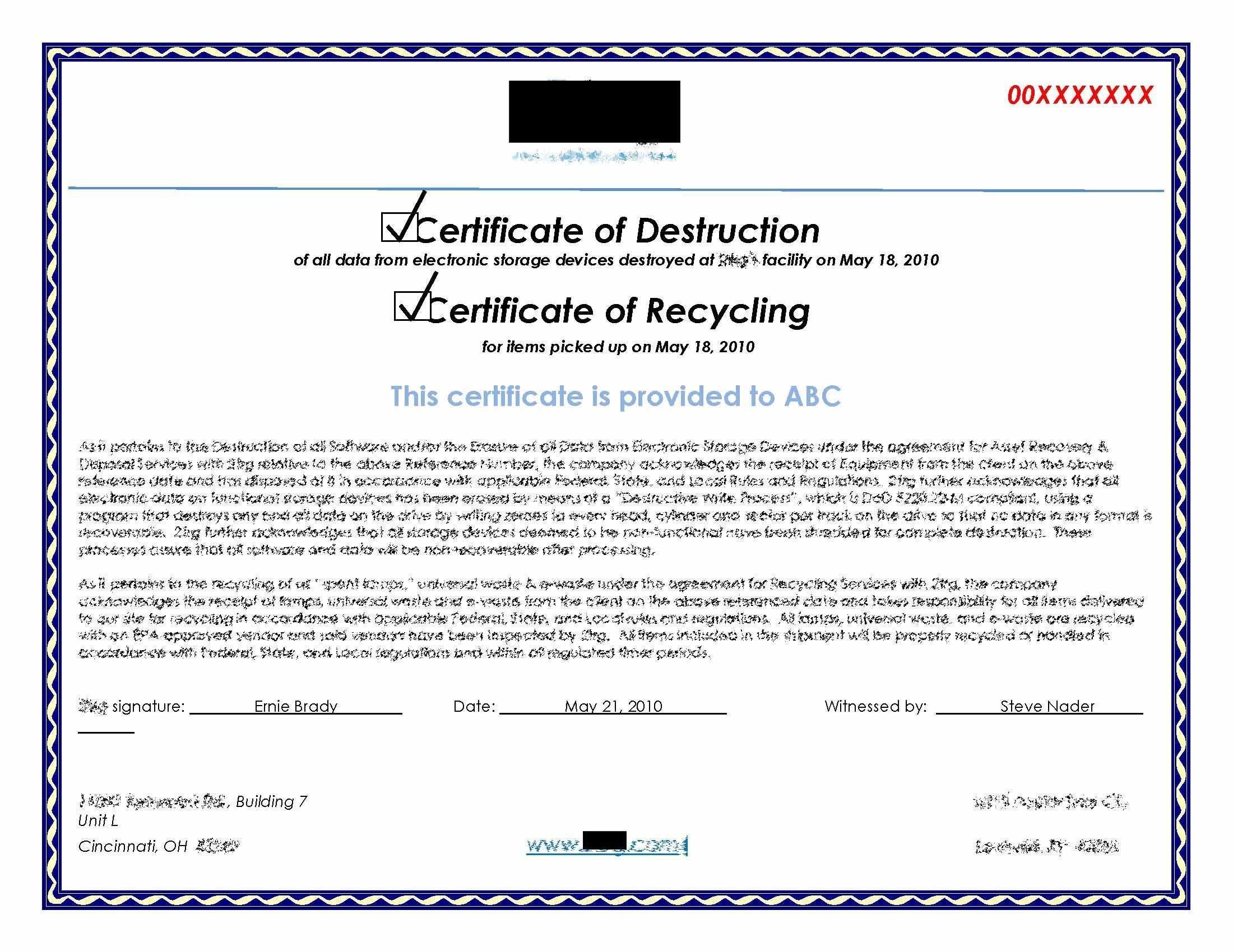 Hard Drive Certificate Of Destruction Template 2