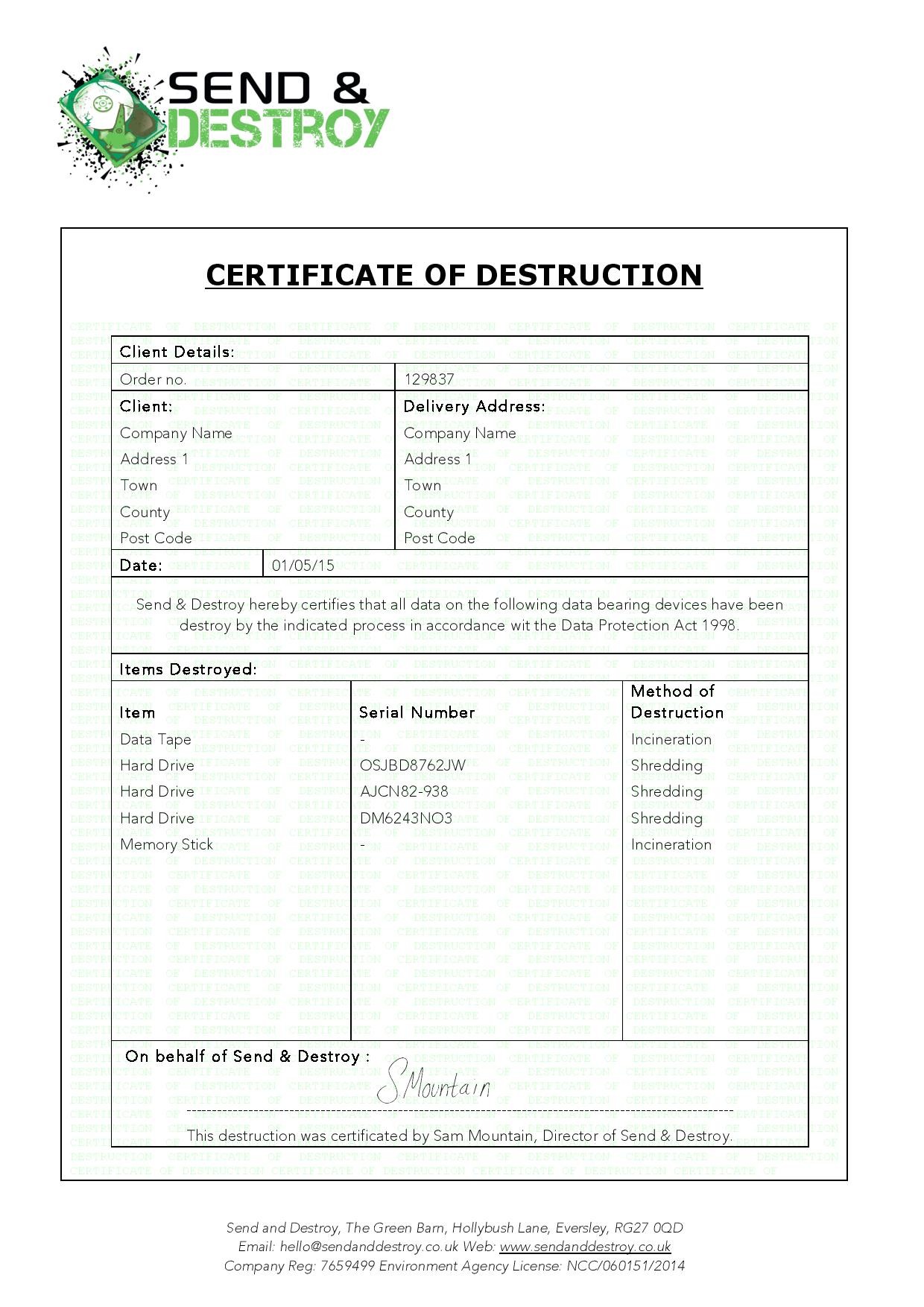 Hard Drive Destruction Certif Template Direnisteyiz3 Org Certificate