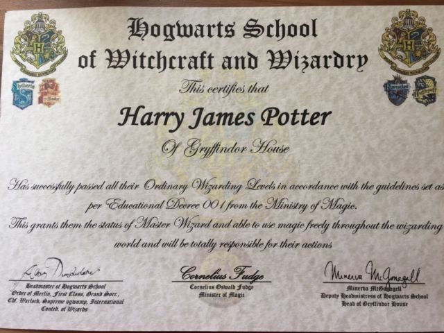 Harry Potter Hogwarts Certificate Diploma Report Card Personalised