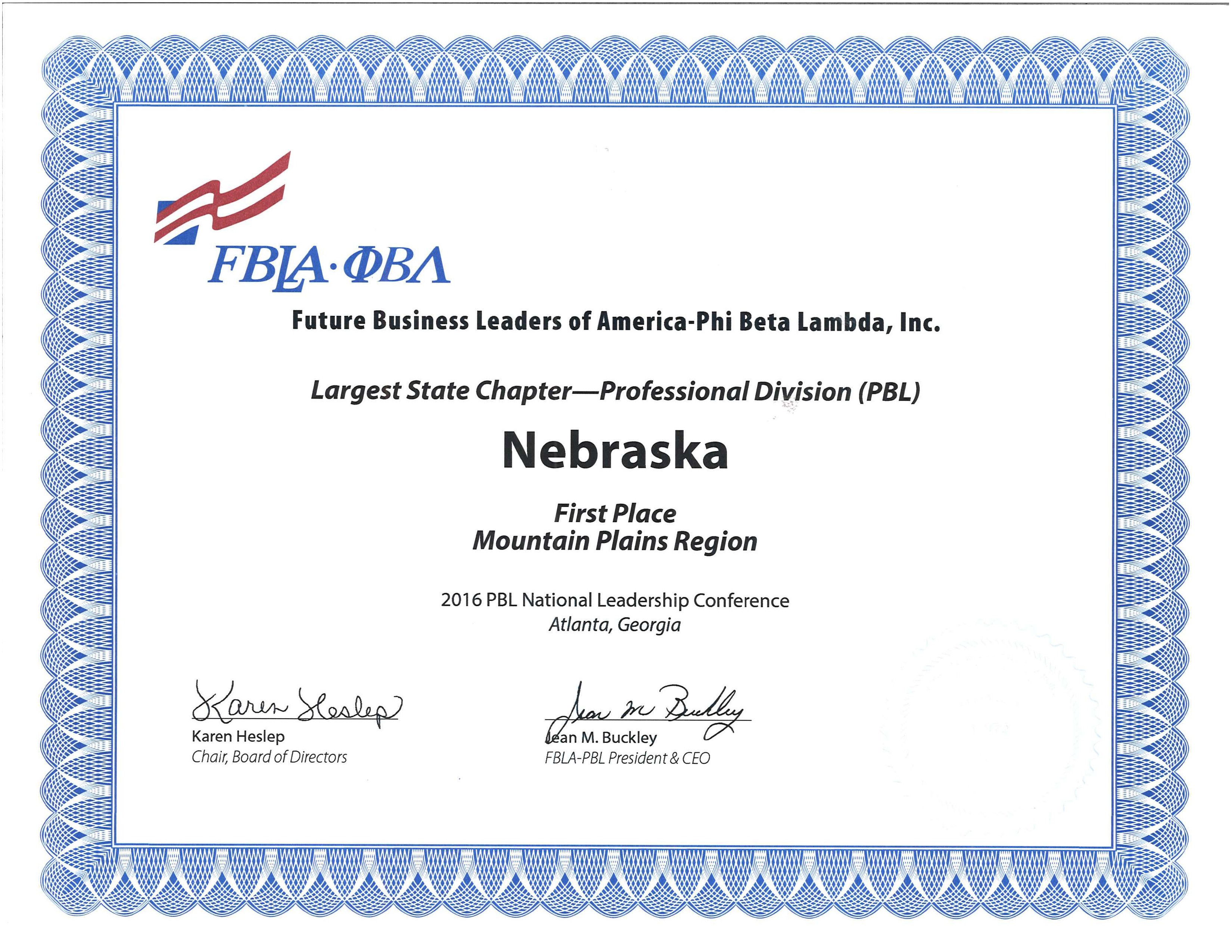 History Nebraska FBLA PBL Certificate Of