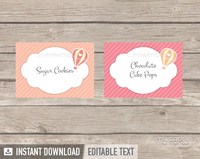 Hot Air Balloon Girl Baby Shower PRINTABLE Food Labels My Party Design Tags