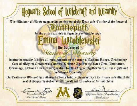 Hufflepuff Personalized Harry Potter Diploma Hogwarts School