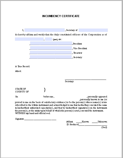 Incumbency Certificate Template Free Fillable PDF Forms Of