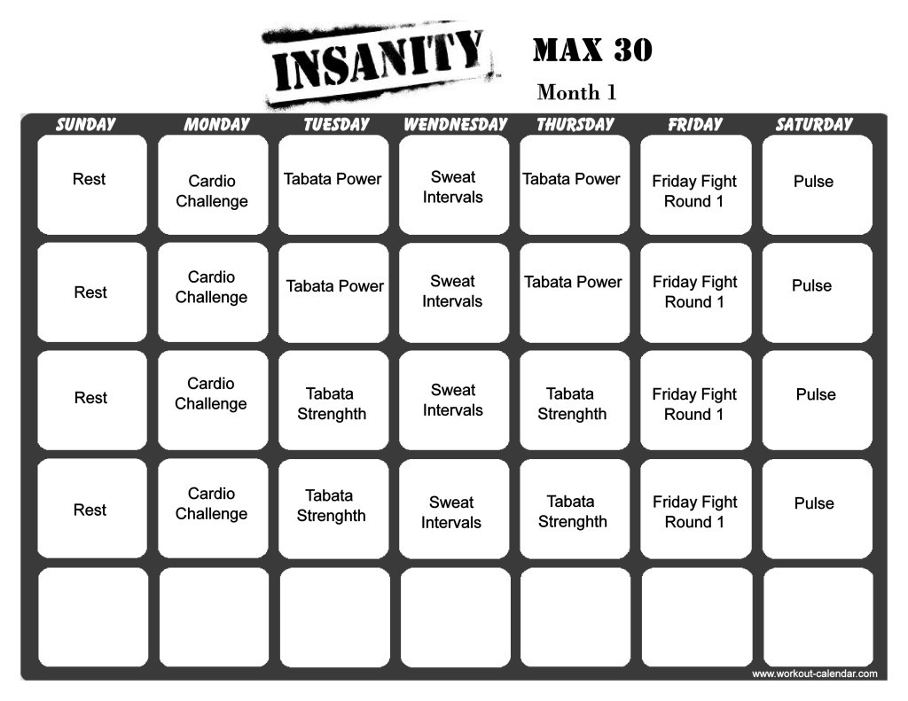 Insanity Max 30 Workout Calendar Print A