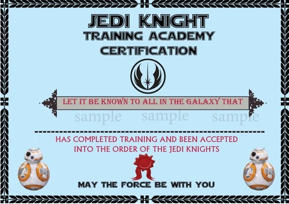 INSTANT DL Jedi Knight Certificate Star Wars Birthday Party Etsy Training