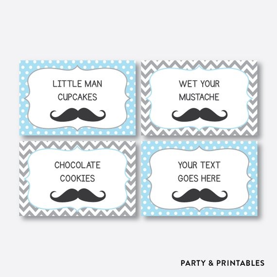 Instant Download Editable Mustache Food Labels Blue Baby Shower