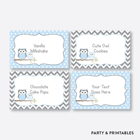 Instant Download Editable Owl Food Labels Blue Baby Shower Tags