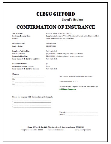 Insurance Liability Certificate S 10 Free Sample Business