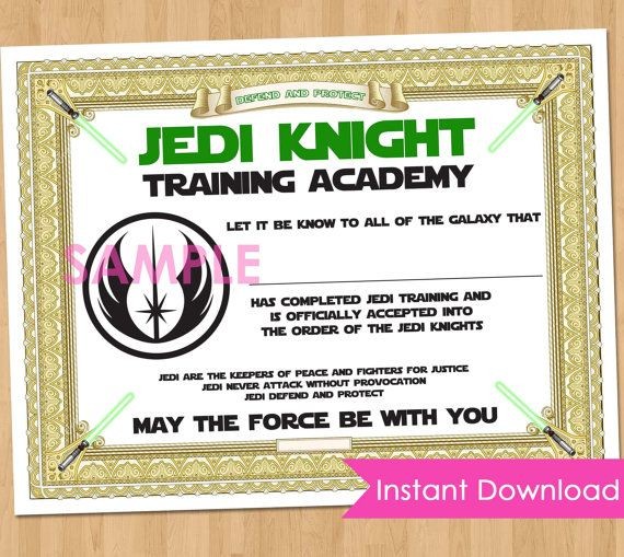 Jedi Academy Training Certificate INSTANT DOWNLOAD Star Wars Party