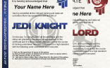 JEDI KNIGHT SITH LORD Star Wars Certificate High Quality REAL Jedi