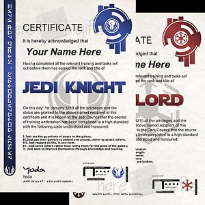 JEDI KNIGHT SITH LORD Star Wars Certificate High Quality REAL Jedi Knight