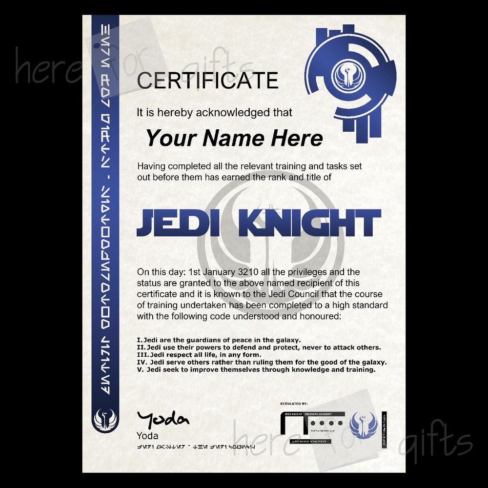 JEDI KNIGHT Star Wars Certificate High Quality REAL HOLOGRAM And