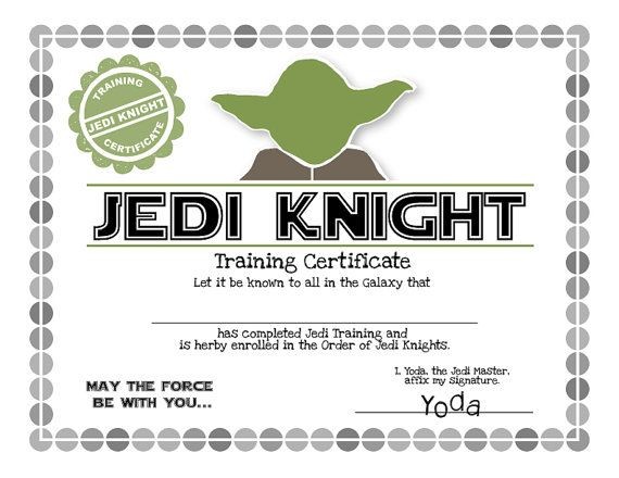 Jedi Training Certificate Digital Download Printable Paper Knight