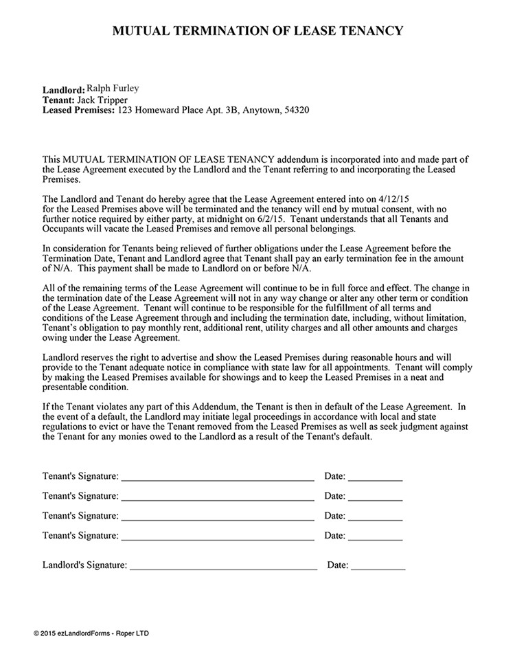 Landlord Tenant Seperation Agreement Template Mutual Termination Of Ezlandlordforms Residential