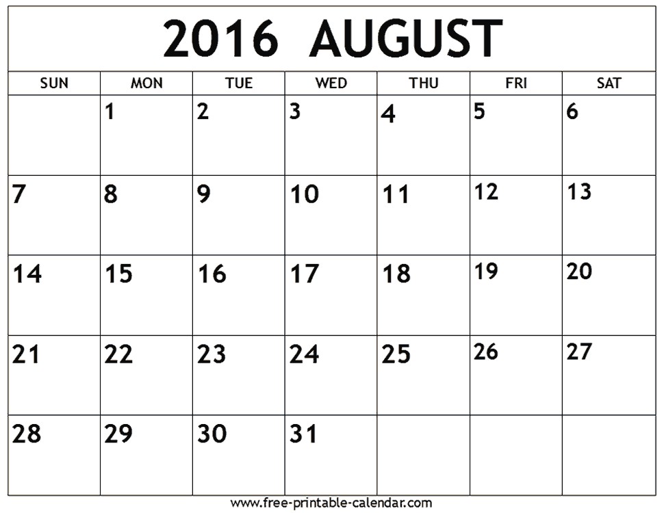 Large Free Printable August 2016 Calendar