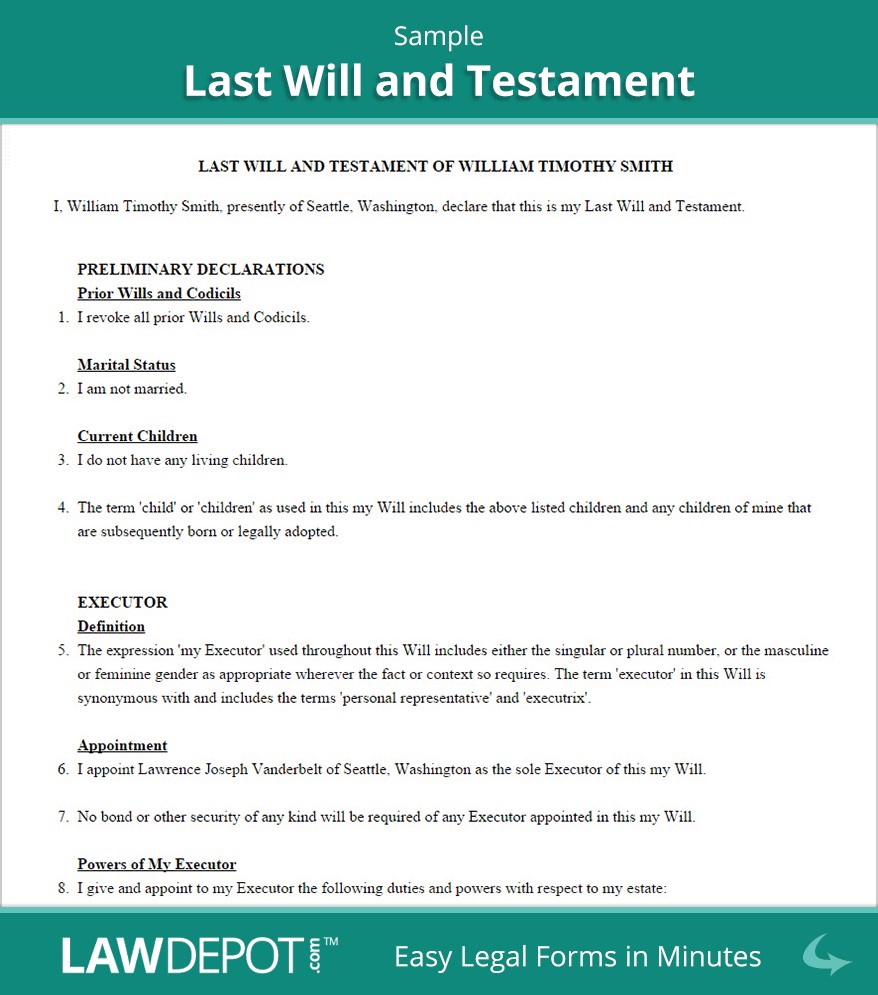 Last Will Testament Form Free US LawDepot Simple