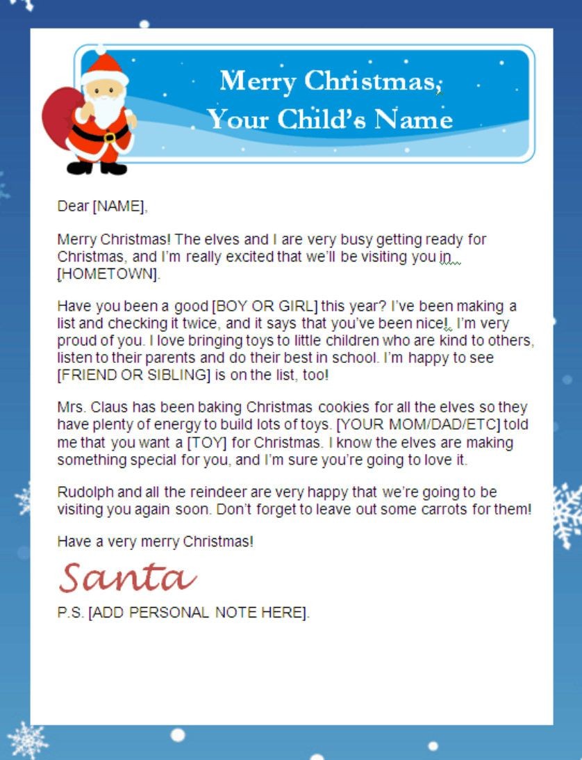 Letter From Santa Templates Free Printable Letters Personalized