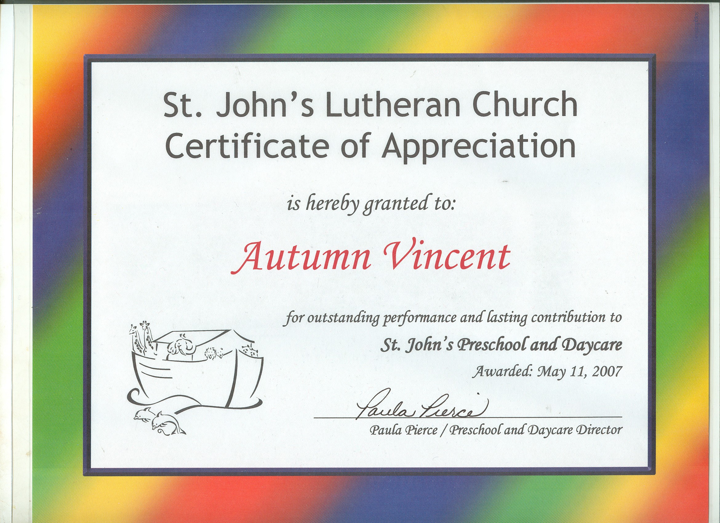 Letters Of Recommendation And Certificates Autumn Vincent S Church Certificate Appreciation