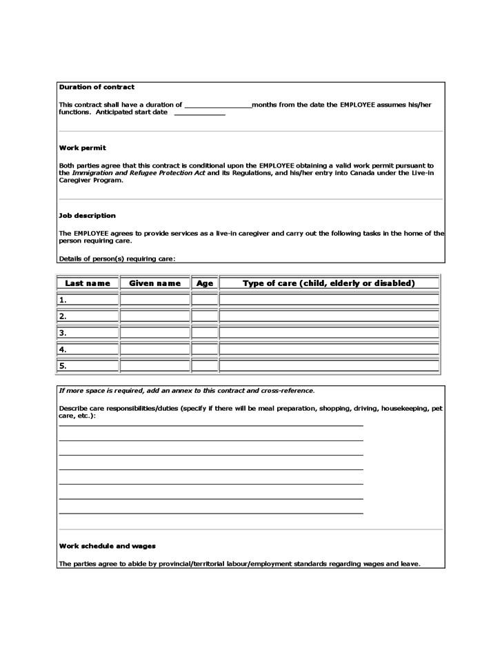 Live In Caregiver Employer Employee Contract Canada Free Download Employment