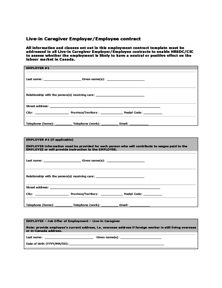 Live In Caregiver Employer Employee Contract Canada Free Download