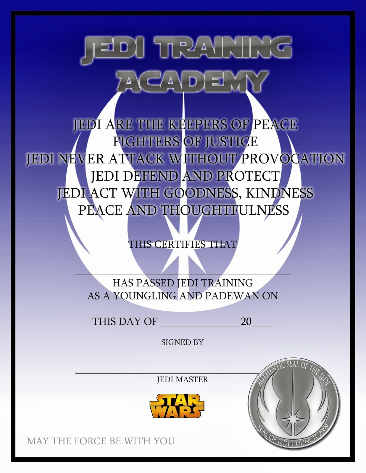 Lovely Things Star Wars Jedi Training Certificate FREE