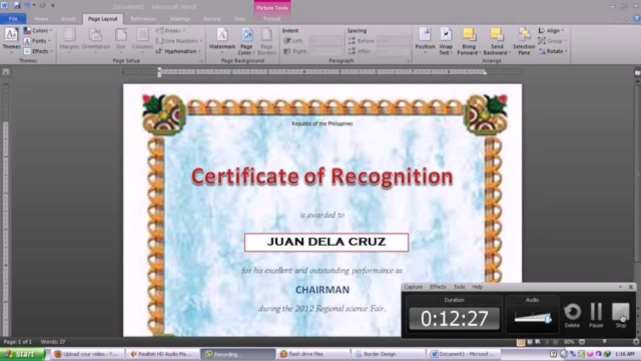 Making Certificate Using Microsoft Word 2010 YouTube How To Create A Template