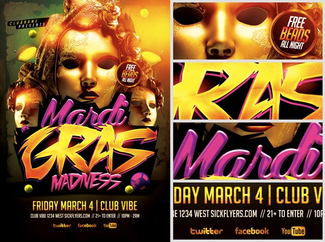 Mardi Gras Madness Flyer Template FlyerHeroes Party Templates