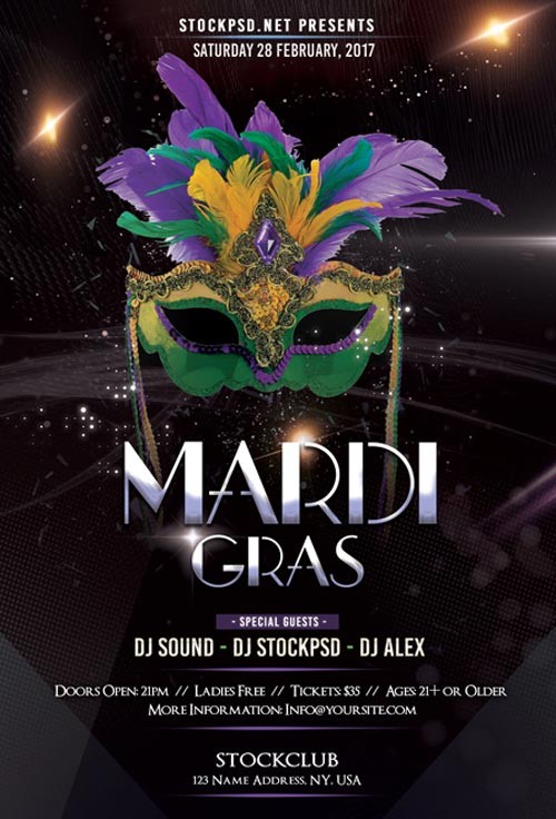 Mardi Gras Party PSD Flyer Template For And Carnival Events Background