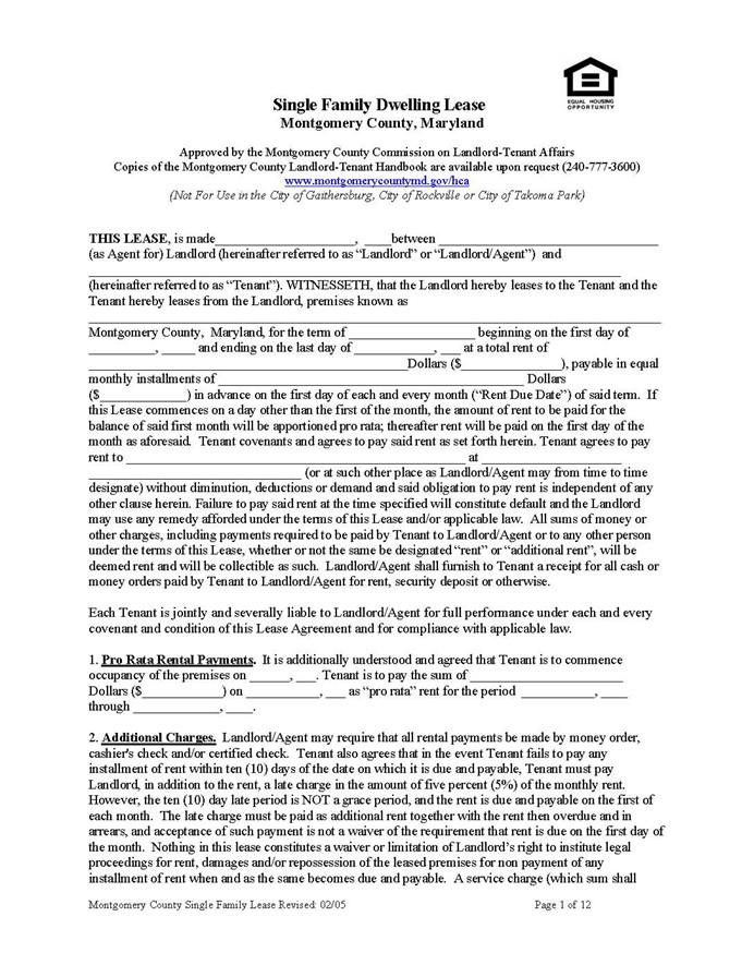 Maryland Lease Agreement Template Montgomery County Single Ezlandlordforms