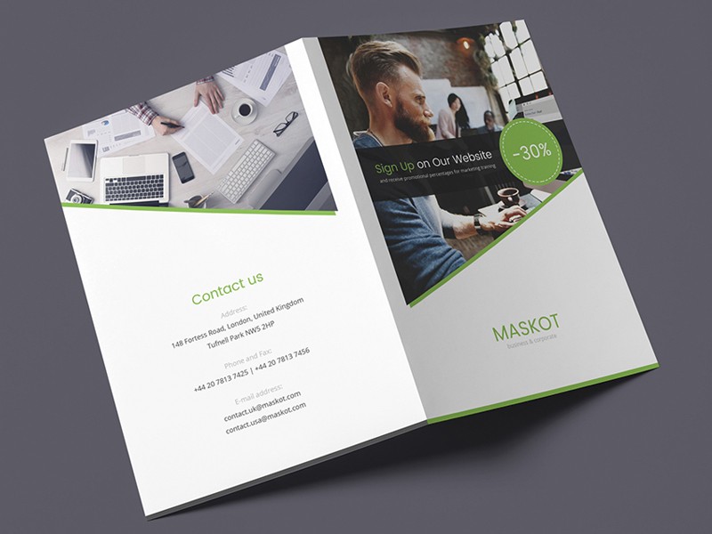 Maskot Business And Corporate Brochure Bi Fold PSD Template By Design Psd