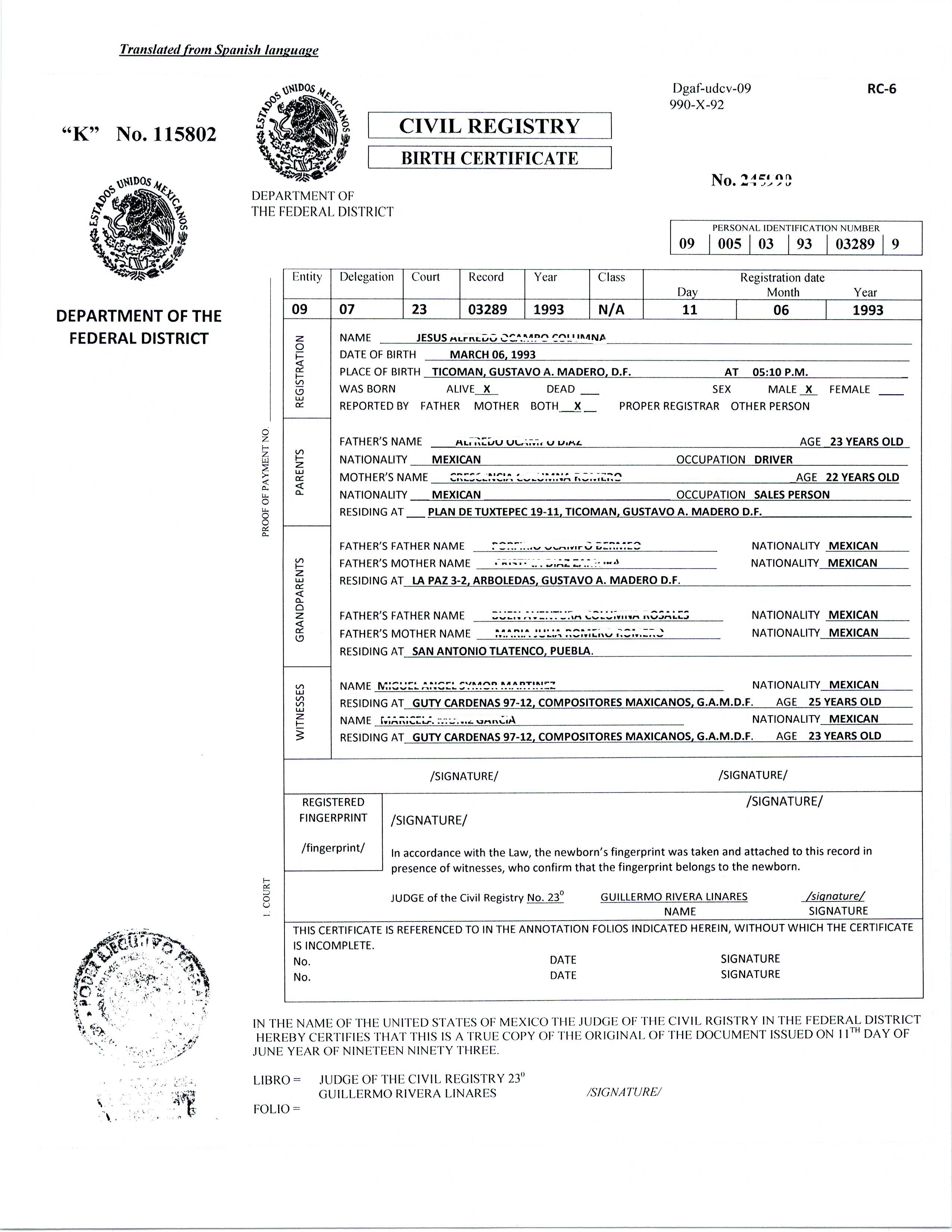Mexican Marriage Certificate Template Brochure Templates Free Translation