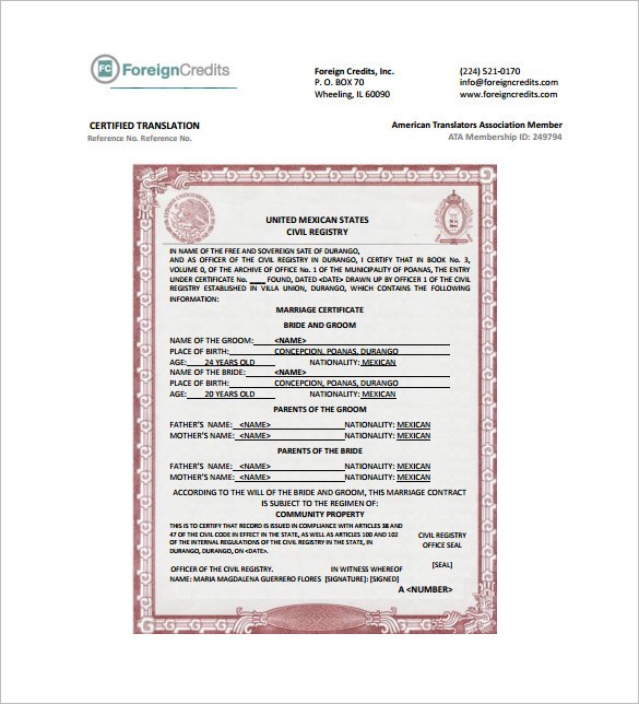 Mexican Marriage Certificate Translation Template Pdf