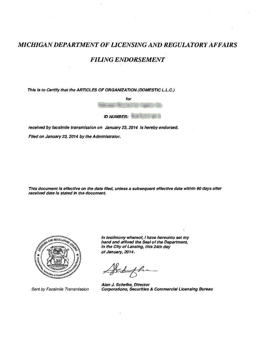 Michigan Incorporation Registered Agent IncParadise Certificate Of Organization