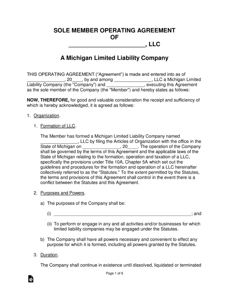 Michigan Single Member LLC Operating Agreement Form EForms Free
