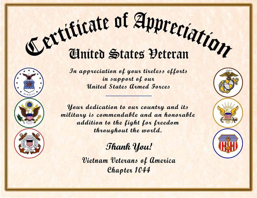 Military Certificate Of Appreciation Veteran Veterans