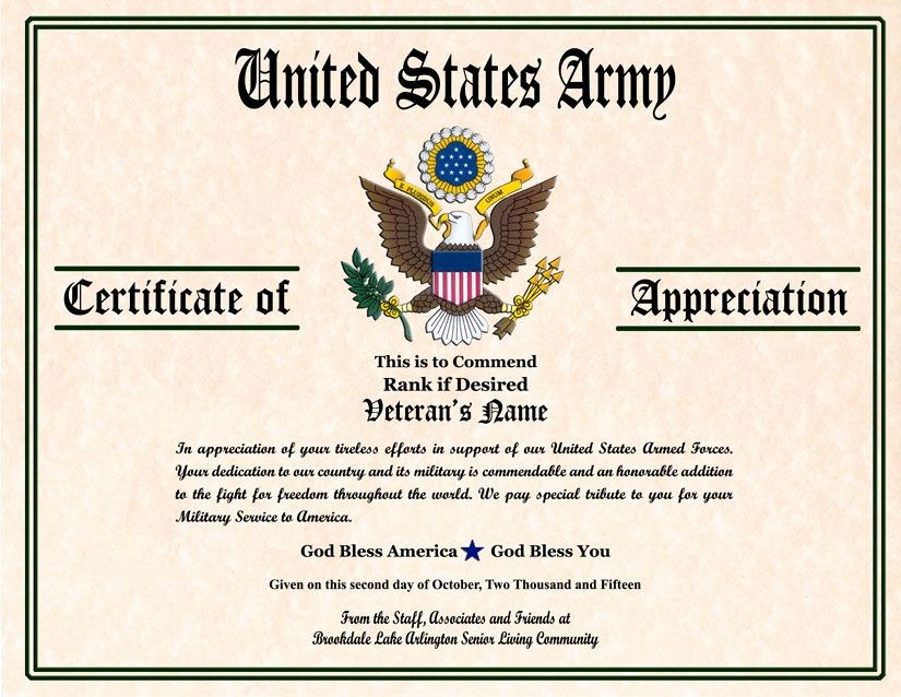 Military Veterans Appreciation Certificates Day Certificate Template