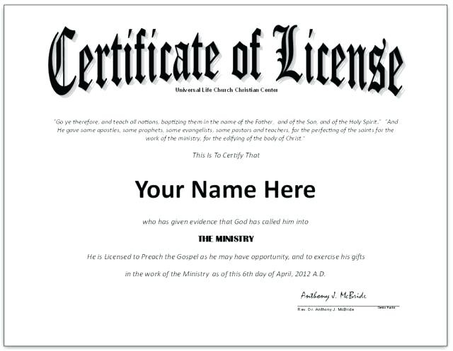 Minister License Certificate Template Of Free Pen Templ