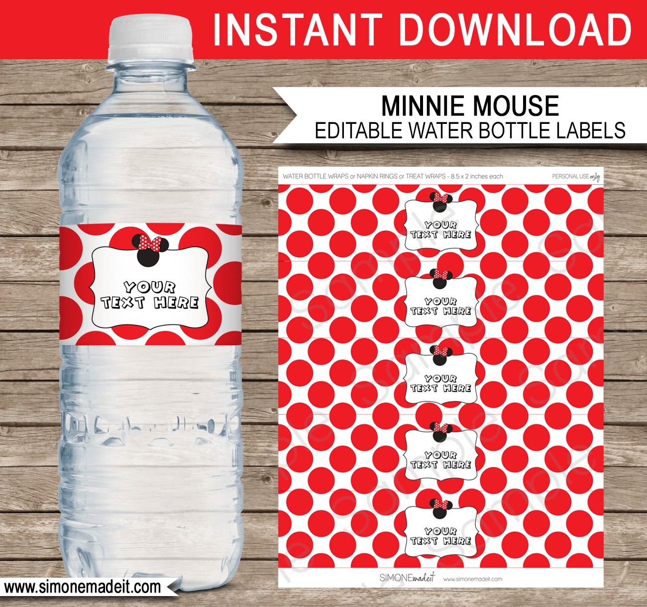 Minnie Mouse Theme Water Bottle Labels Party Design