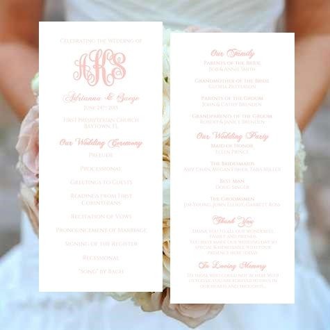 Monogram Wedding Program Template Tea Length Blush Printable Free