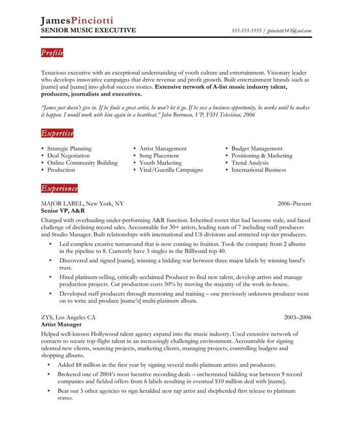 Music Industry Executive Free Resume Samples Blue Sky Resumes Online Templates For