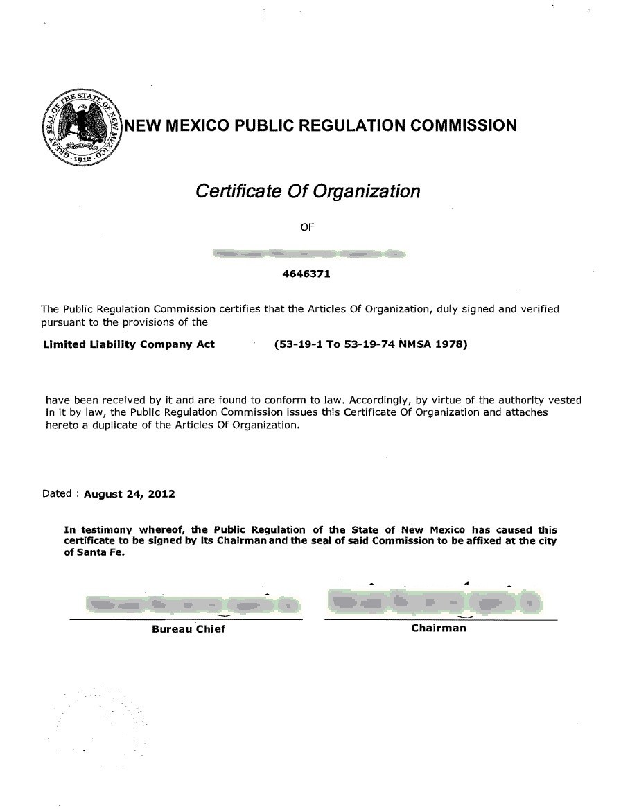 New Mexico Incorporation Registered Agent IncParadise Certificate Of Organization Nebraska