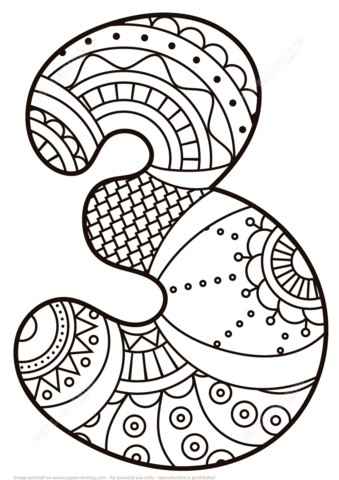 Number 3 Zentangle Coloring Page Free Printable Pages