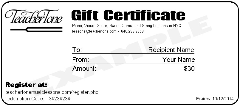 NYC Music Lesson Gift Certificates Certificate