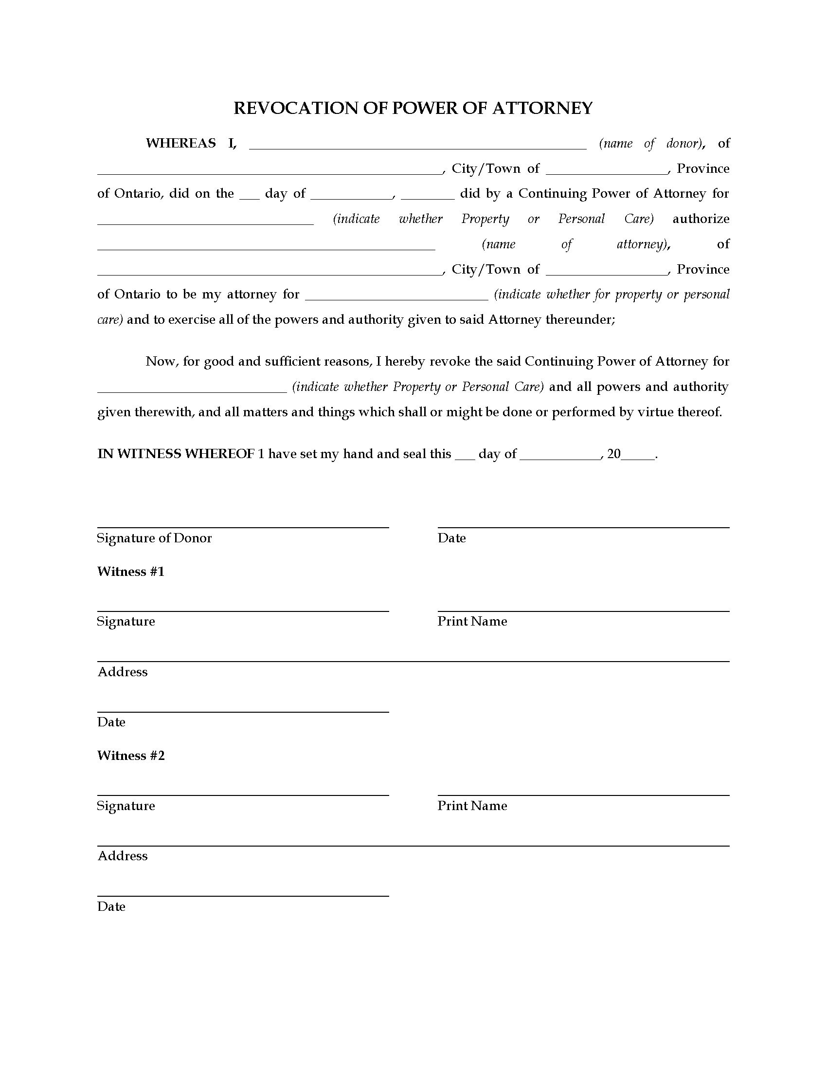 Ontario Revocation Of Power Attorney Legal Forms And Business Free Poa Template