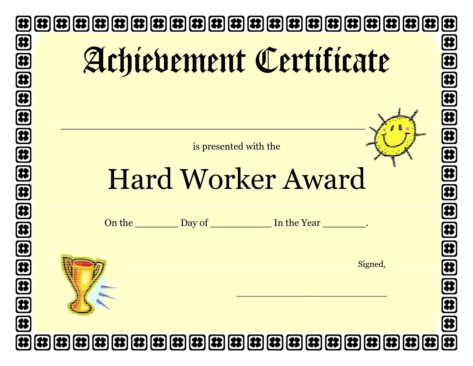 Printable Achievement Certificates Kids Hard Worker Certificate Of