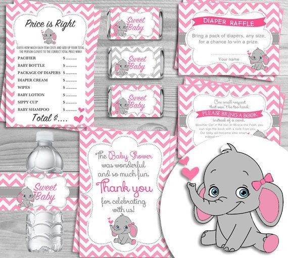 Printable Baby Shower Kit Pink Elephant Theme 7 Items INSTANT